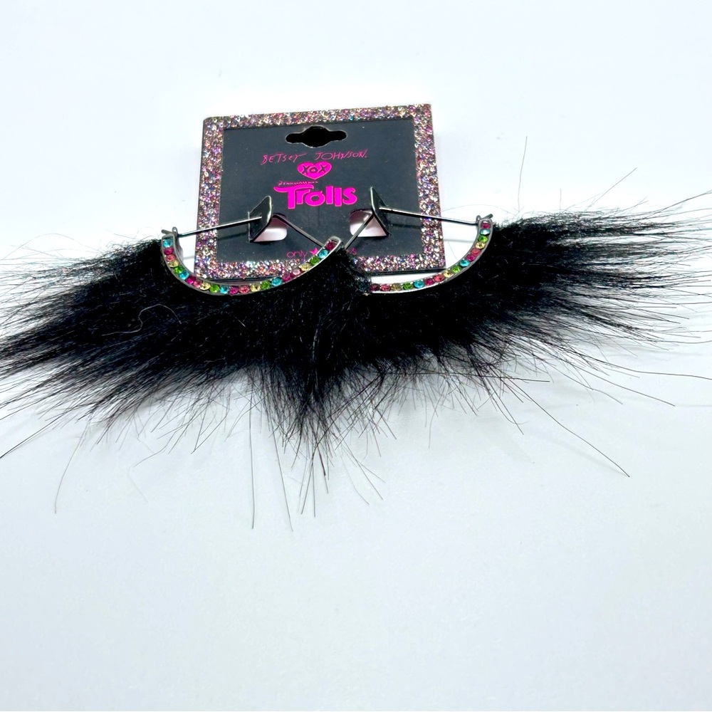 Betsey Johnson, Trolls, Black Furry Earrings, Multicolored Crystals, NOC, 2016